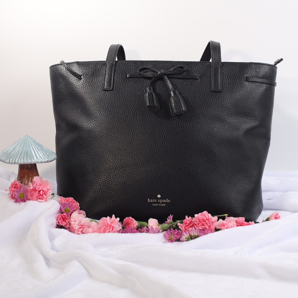 Kate Spade Hayes Black Pebbled Leather Tassel Tote Bag WKRU5775